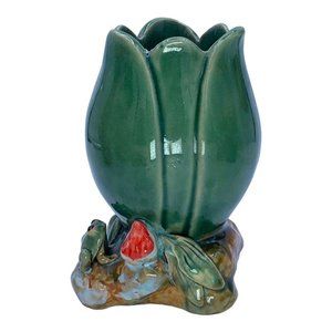 Majolica Art Pottery Frog Tulip Water Lily Nenuphar Cottagecore Bud Vase Planter